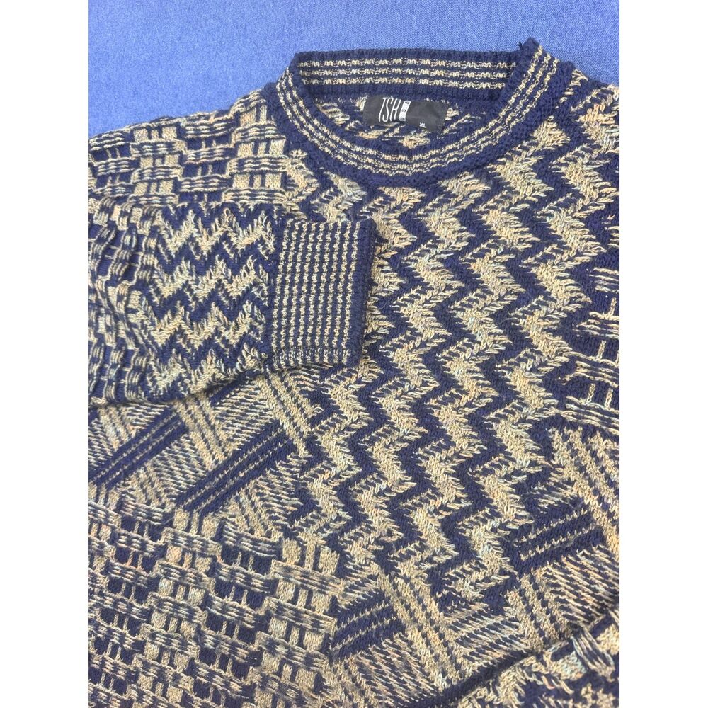 Vintage TSR Men’s XL Coogi Style 3D Textured Knit Sweater Navy Tan Geometric